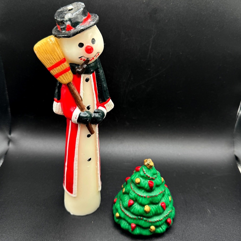 Vintage Christmas Figural Candles Snowman Broom & Tree Unburned Retro Holiday